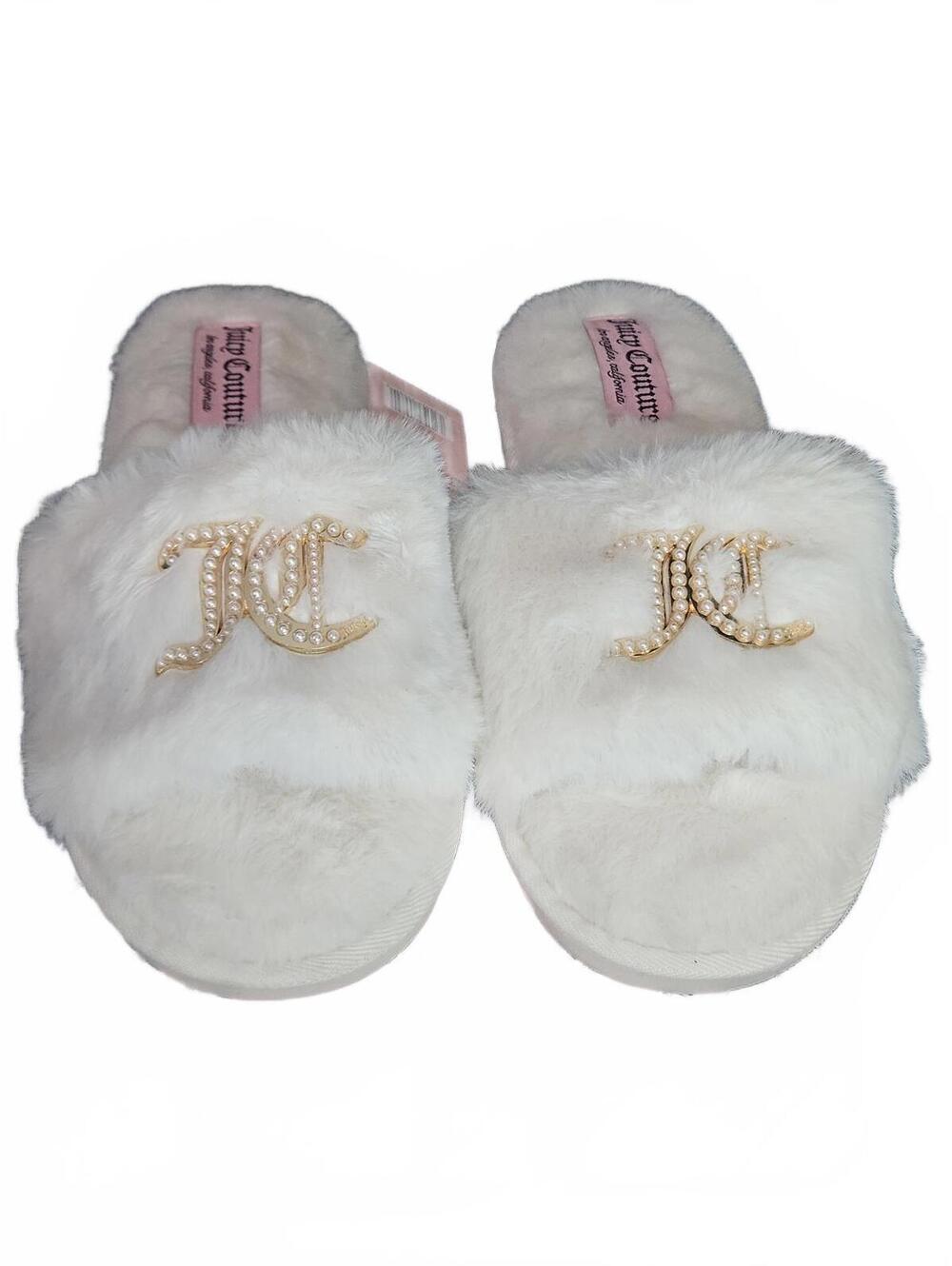 Juicy Couture Faux Fur Slippers Ivory Pearl Logo Slide Cozy Size Small 5 / 6 NWT
